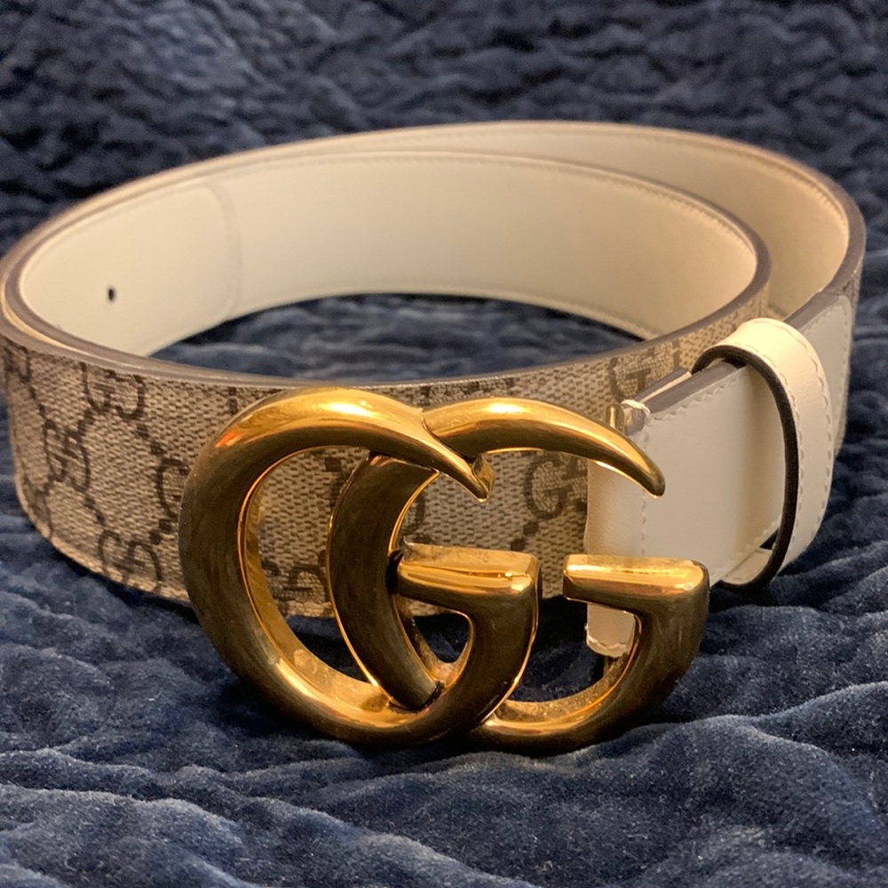 Gucci GG Marmont Belt. Classic monogram with white leather.